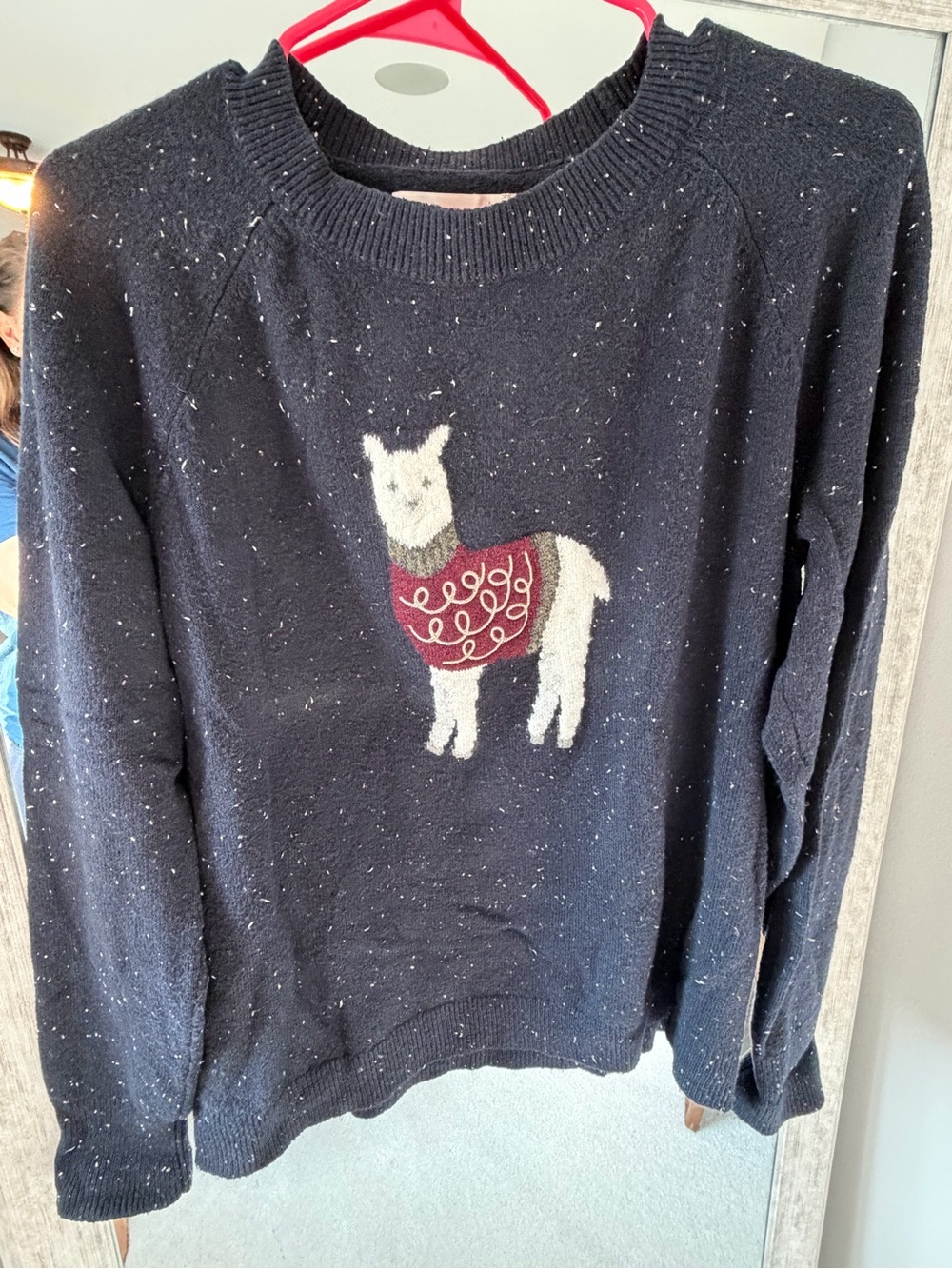 LOFT Navy Speckled Llama Crewneck Sweater with Burgundy Accent ❄️ ⛄️